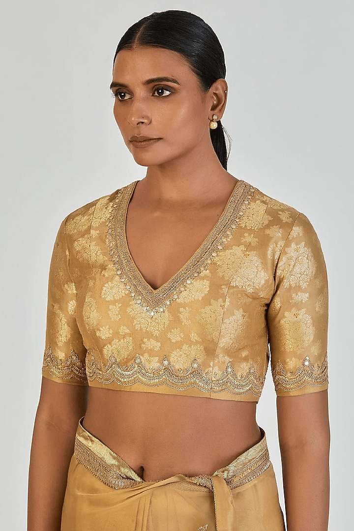 Gold-Yellow Banarasi Silk Marodi Embroidered Blouse by Lajjoo c at Pernia's Pop Up Shop