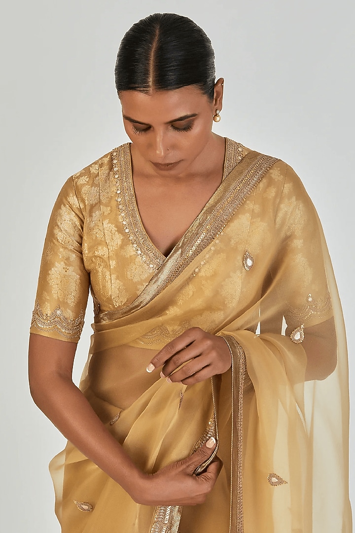 Gold-Yellow Banarasi Silk Marodi Embroidered Blouse by Lajjoo c at Pernia's Pop Up Shop