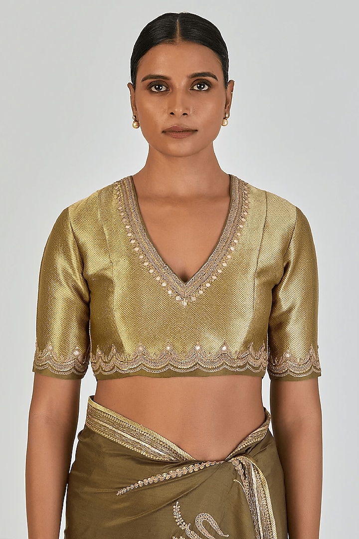 Mehendi Green Banarasi Silk Marodi Embroidered Blouse by Lajjoo c at Pernia's Pop Up Shop