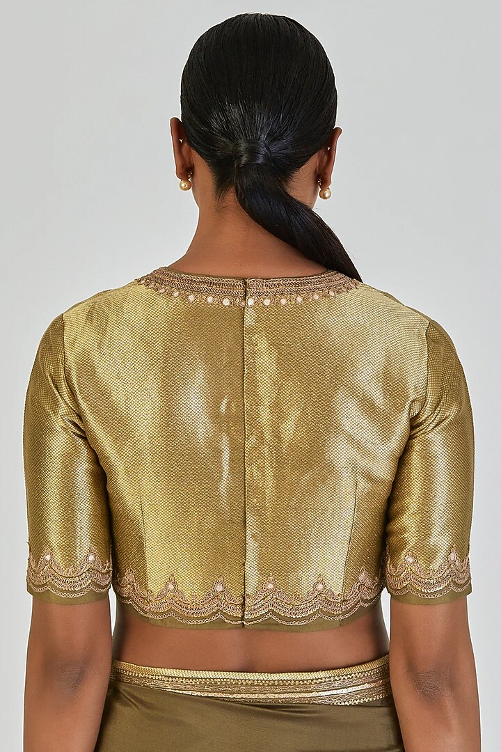 Mehendi Green Banarasi Silk Marodi Embroidered Blouse by Lajjoo c at Pernia's Pop Up Shop