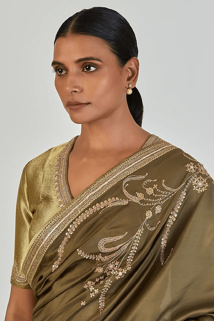 Mehendi Green Banarasi Silk Marodi Embroidered Blouse by Lajjoo c at Pernia's Pop Up Shop