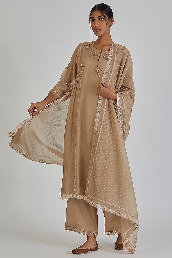 Beige Chanderi Silk Block Printed Dupatta by Lajjoo c at Pernia's Pop Up Shop