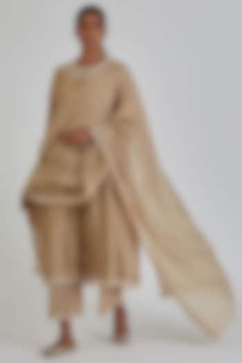 Beige Chanderi Silk Block Printed & Embroidered Dupatta by Lajjoo c at Pernia's Pop Up Shop