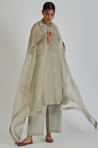 Sage Green Organza Block Printed Dupatta by Lajjoo c