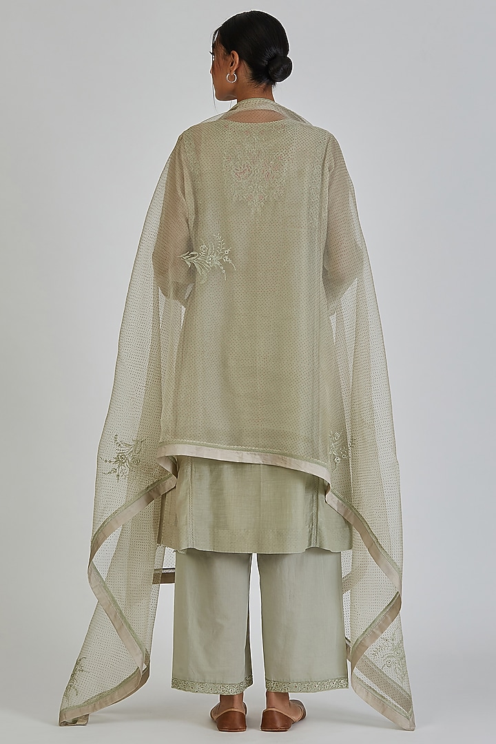 Sage Green Organza Block Printed Dupatta by Lajjoo c at Pernia's Pop Up Shop