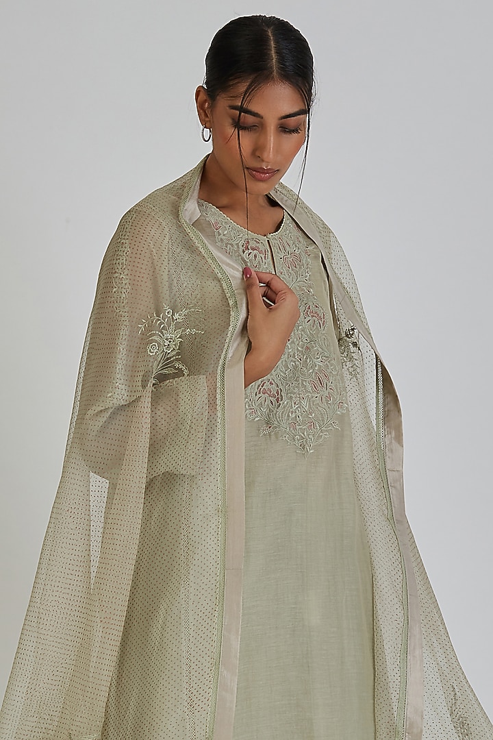 Sage Green Organza Block Printed Dupatta by Lajjoo c at Pernia's Pop Up Shop