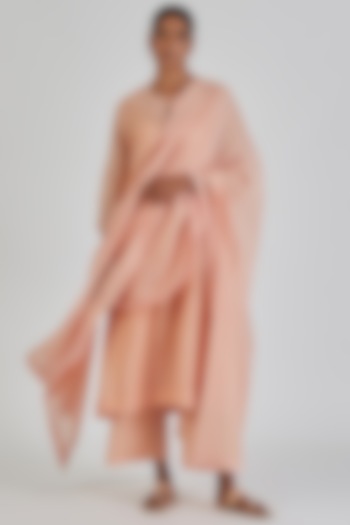 Peach Chanderi Silk Block Printed & Embroidered Dupatta by Lajjoo c at Pernia's Pop Up Shop
