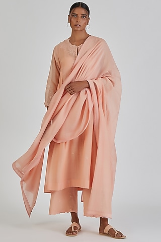 Peach Chanderi Silk Block Printed & Embroidered Dupatta by Lajjoo c