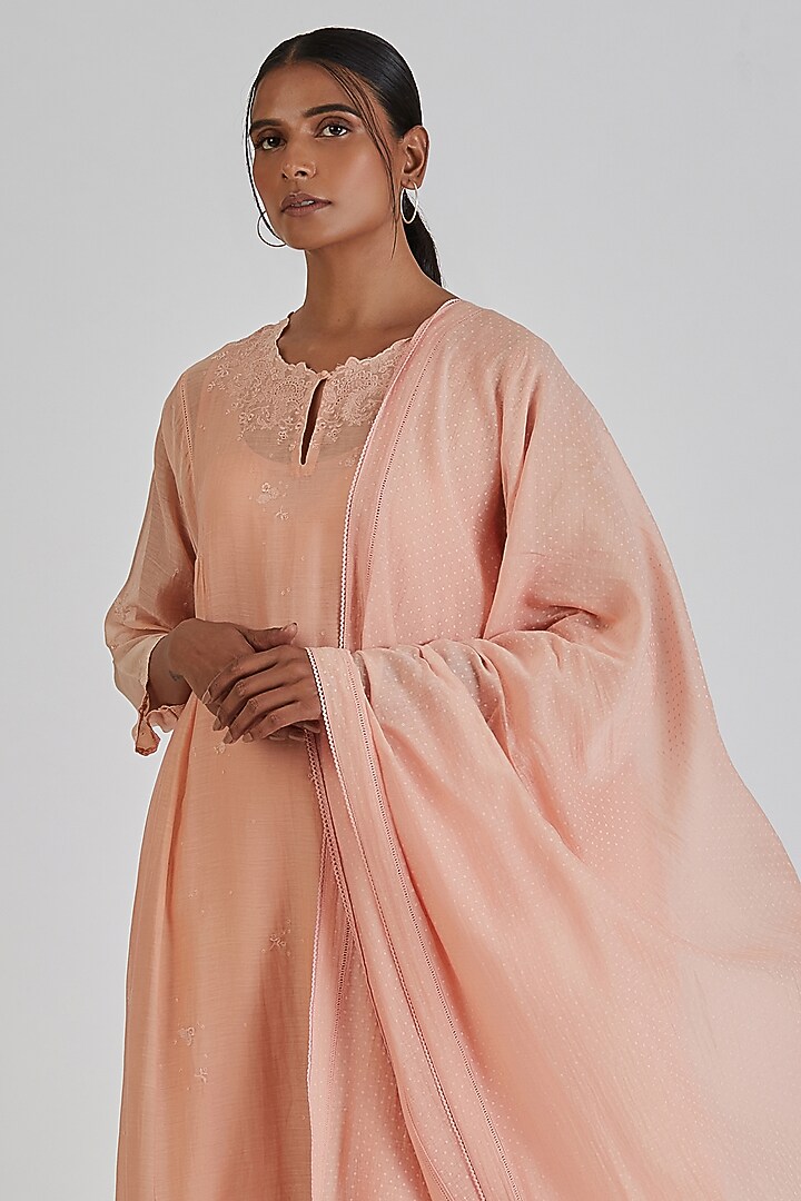 Peach Chanderi Silk Block Printed & Embroidered Dupatta by Lajjoo c at Pernia's Pop Up Shop