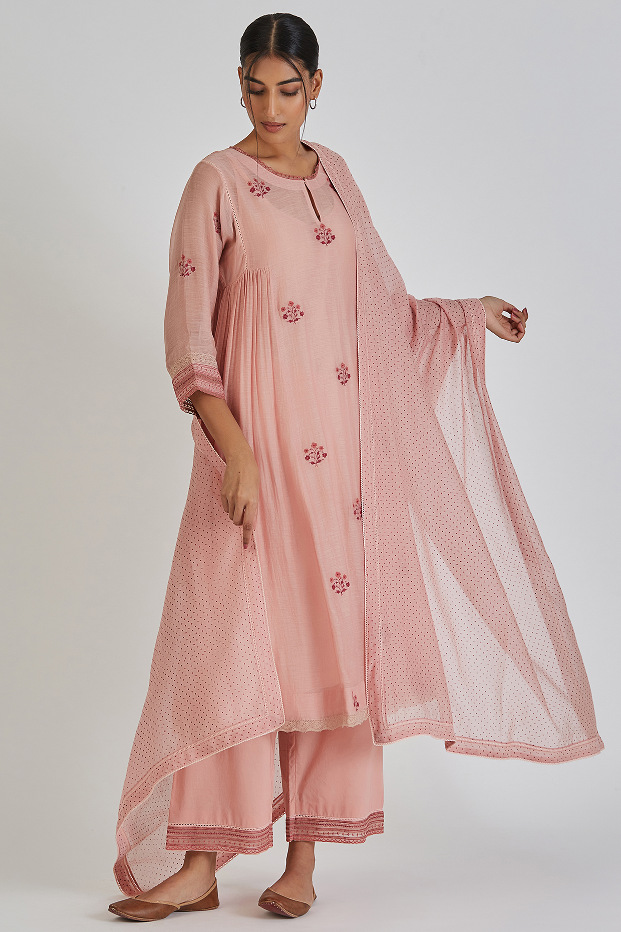 Salmon Pink Chanderi Silk Block Printed Dupatta by Lajjoo c at Pernia's Pop Up Shop