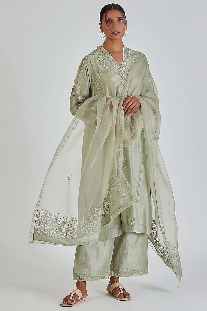 Mint Green Fine Organza Embroidered & Block Printed Dupatta by Lajjoo c