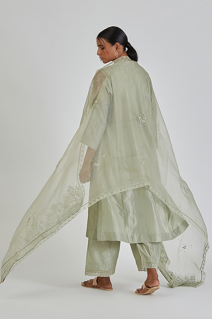 Mint Green Fine Organza Embroidered & Block Printed Dupatta by Lajjoo c at Pernia's Pop Up Shop