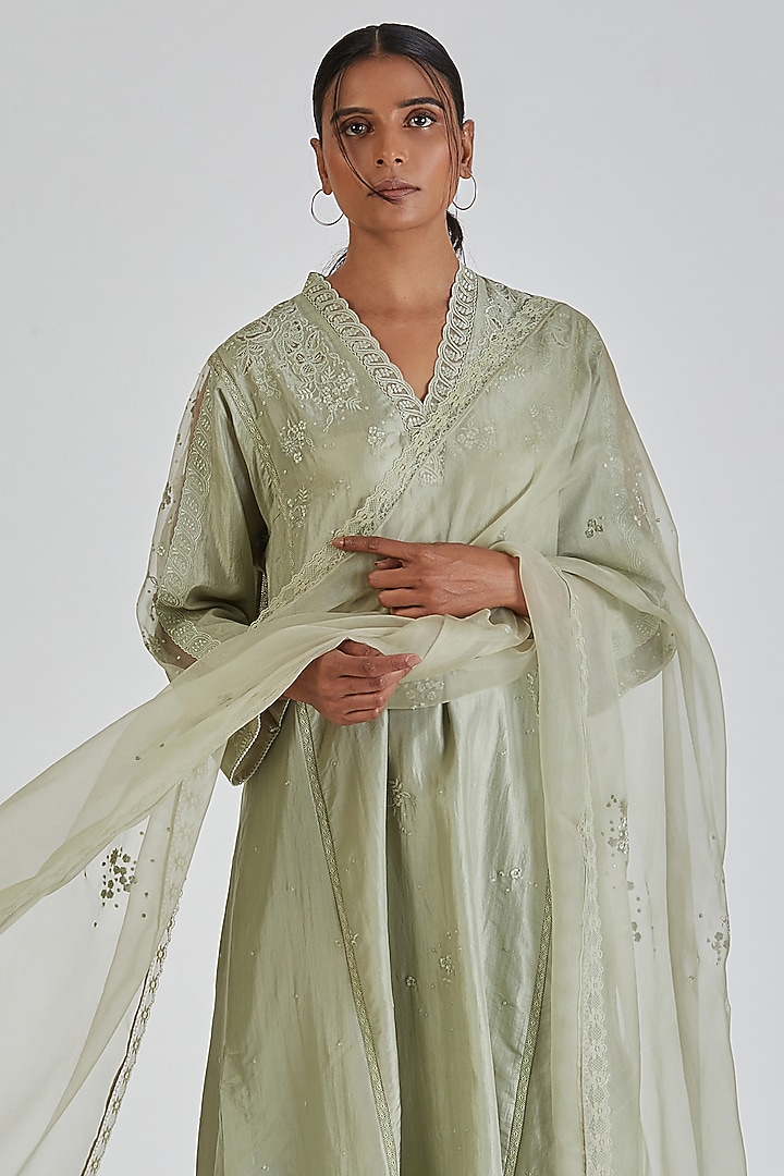 Mint Green Fine Organza Embroidered & Block Printed Dupatta by Lajjoo c at Pernia's Pop Up Shop