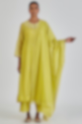 Lime Yellow Chanderi Silk Block Printed & Embroidered Dupatta by Lajjoo c at Pernia's Pop Up Shop