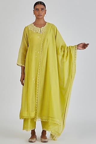 Lime Yellow Chanderi Silk Block Printed & Embroidered Dupatta by Lajjoo c