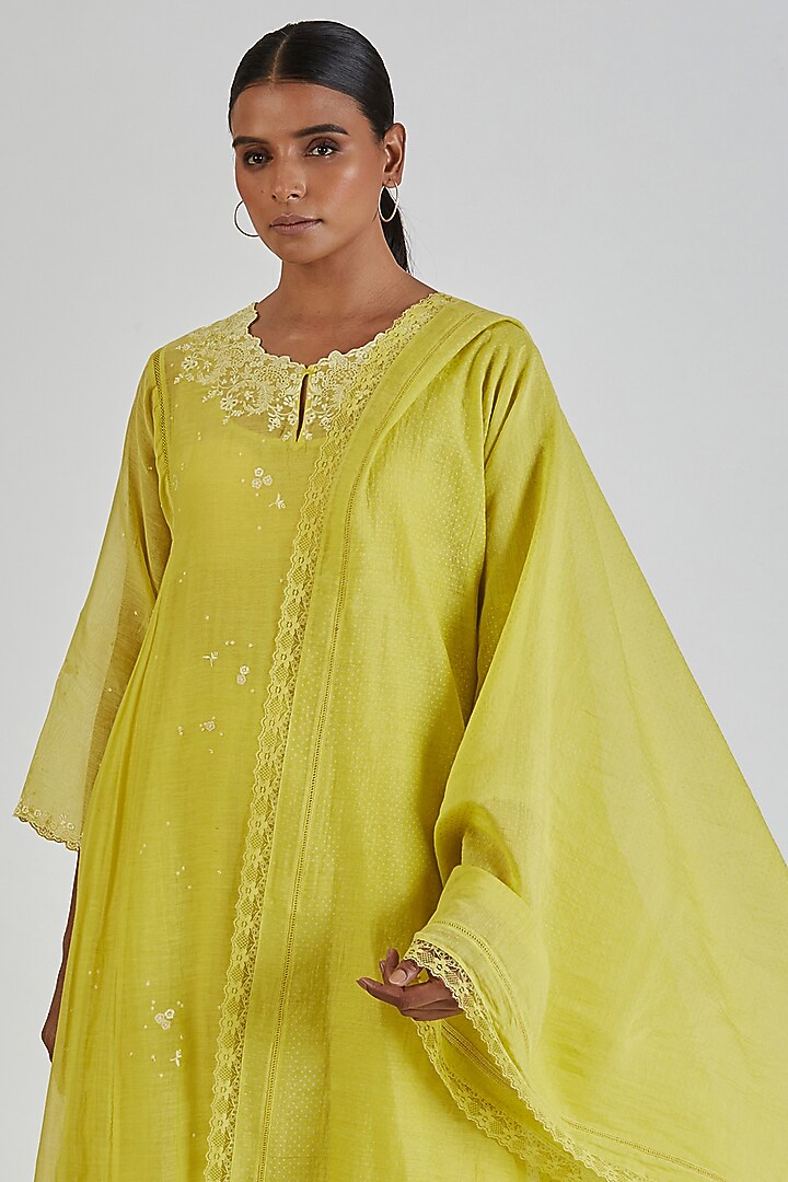 Lime Yellow Chanderi Silk Block Printed & Embroidered Dupatta by Lajjoo c at Pernia's Pop Up Shop