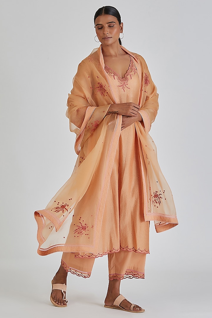 Peach Sheer Organza Resham Embroidered Handcrafted Dupatta by Lajjoo c at Pernia's Pop Up Shop