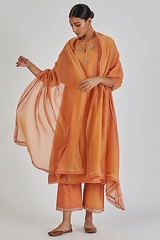 Rust Orange Chanderi Silk Block Printed Dupatta by Lajjoo c
