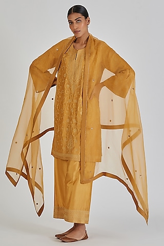 Light Orange Sheer Organza Boota Work Dupatta by Lajjoo c
