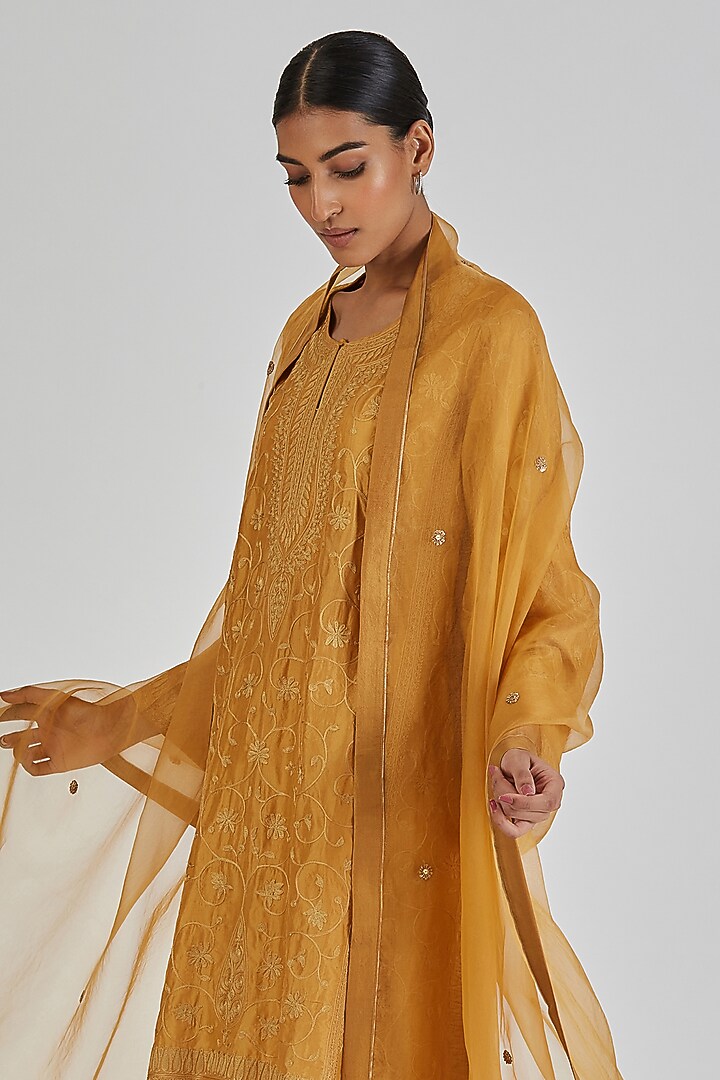 Light Orange Sheer Organza Boota Work Dupatta by Lajjoo c at Pernia's Pop Up Shop