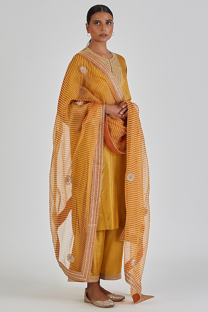 Mustard Yellow Sheer Organza Leheriya Dupatta by Lajjoo c