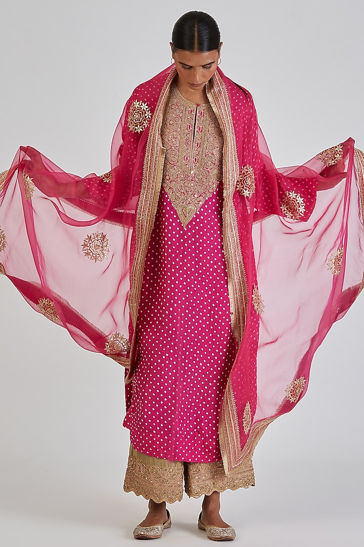 Fuchsia Sheer Organza Zardosi Embroidered Dupatta by Lajjoo c at Pernia's Pop Up Shop