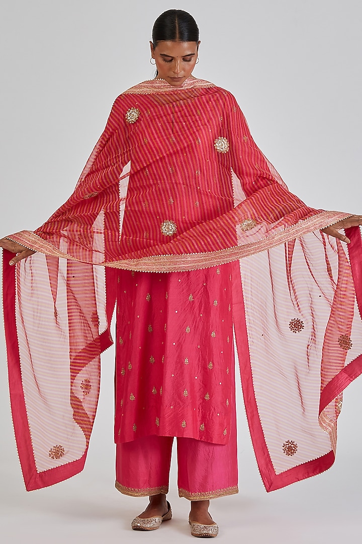 Fuchsia Sheer Organza Zardosi Leheriya Dupatta by Lajjoo c at Pernia's Pop Up Shop