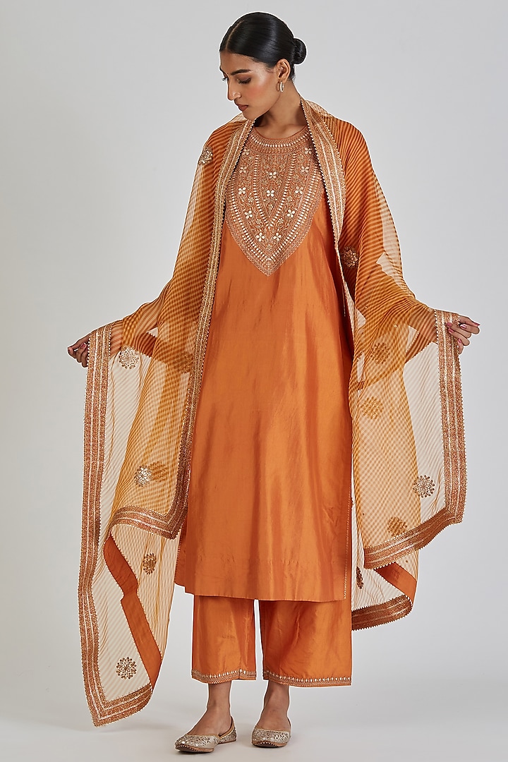 Orange Sheer Organza Zardosi Leheriya Dupatta by Lajjoo c at Pernia's Pop Up Shop