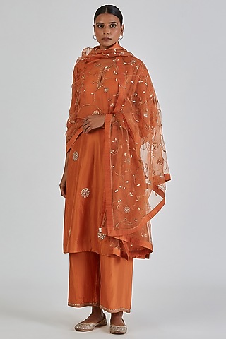 Orange Sheer Organza Kasab Gota Embroidered Dupatta by Lajjoo c