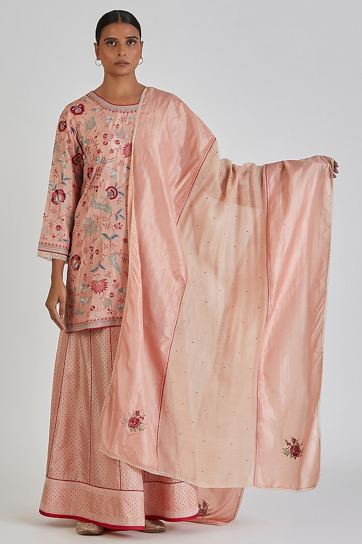 Salmon Pink Chanderi Silk Resham Hand Embroidered Dupatta by Lajjoo c