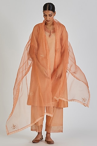 Peach Sheer Organza Zardosi Embroidered Dupatta by Lajjoo c