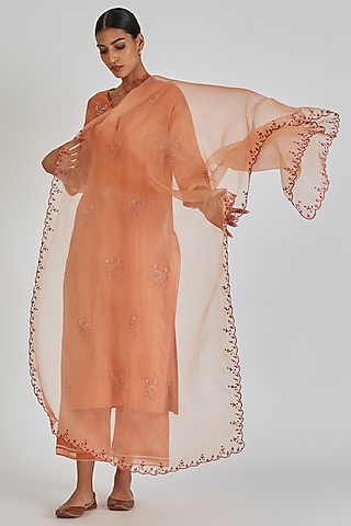 Peach Sheer Organza Resham Dupatta by Lajjoo c