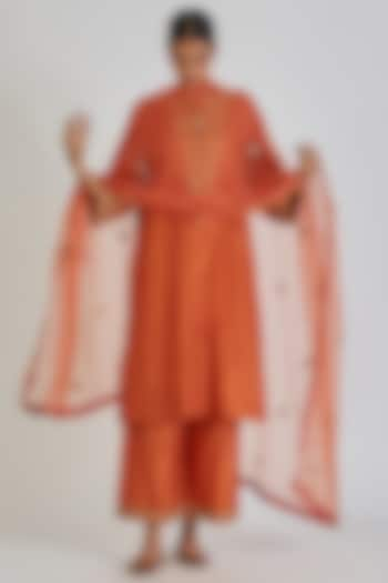 Orange Chanderi Silk Zardosi Dupatta by Lajjoo c