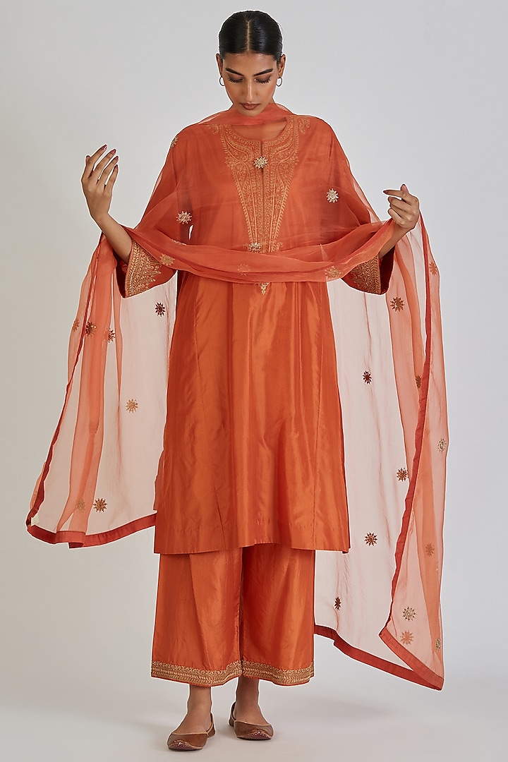 Orange Chanderi Silk Zardosi Dupatta by Lajjoo c