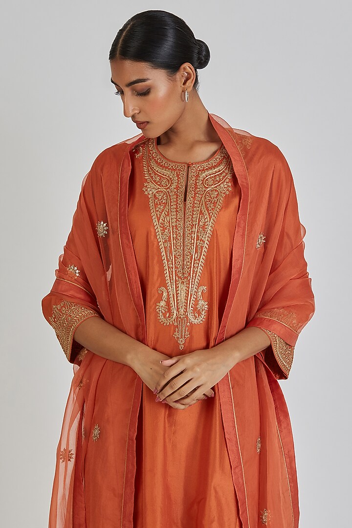 Orange Chanderi Silk Zardosi Dupatta by Lajjoo c at Pernia's Pop Up Shop