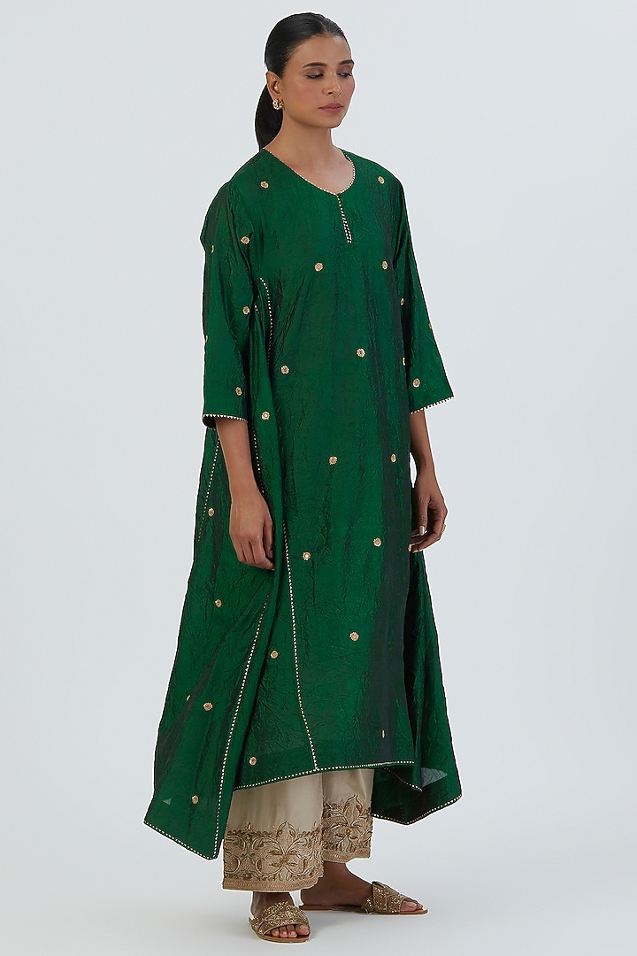 Green Silk Kurta Set by Lajjoo C at Pernia's Pop Up Shop