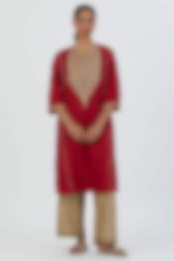 Red Silk Kurta Set by Lajjoo C at Pernia's Pop Up Shop