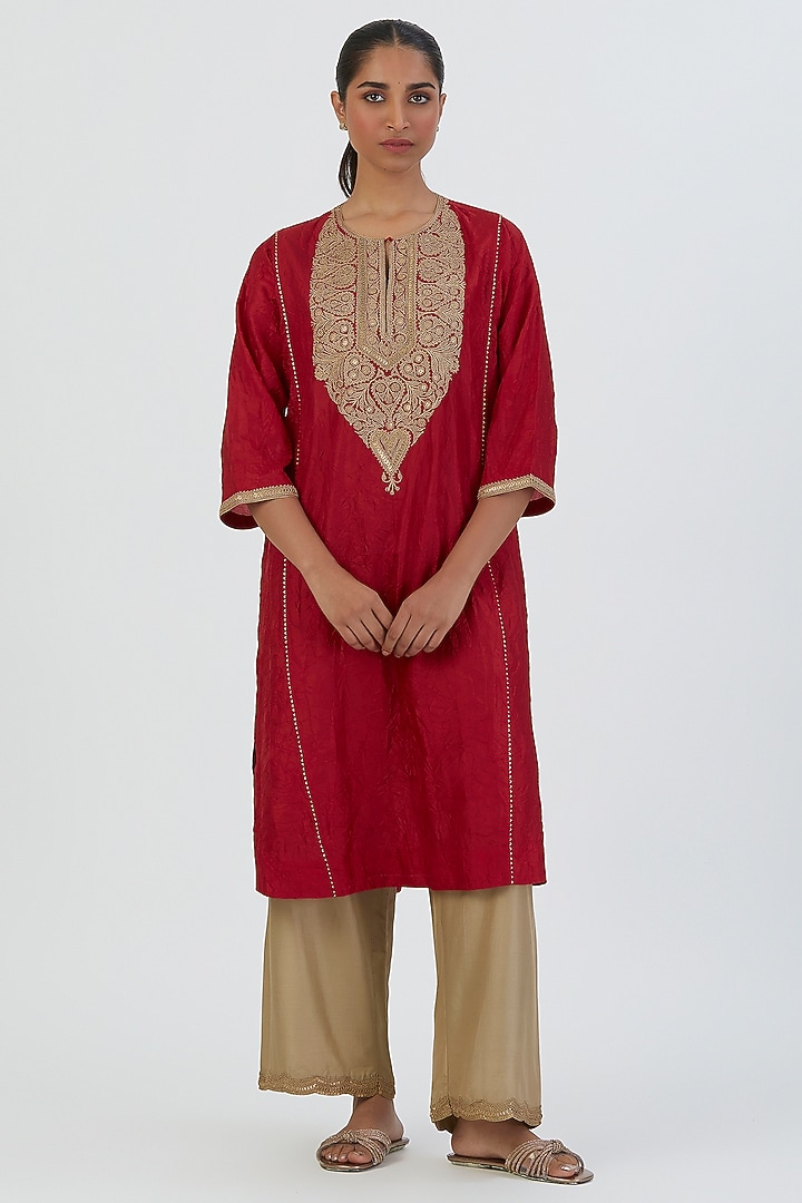 Red Silk Kurta Set by Lajjoo C at Pernia's Pop Up Shop