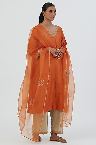 Orange Organza Dupatta by Lajjoo C