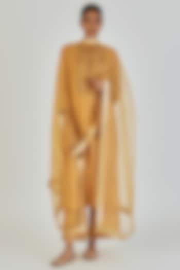 Gold-Yellow Sheer Organza Motif Embroidered Dupatta by Lajjoo C at Pernia's Pop Up Shop