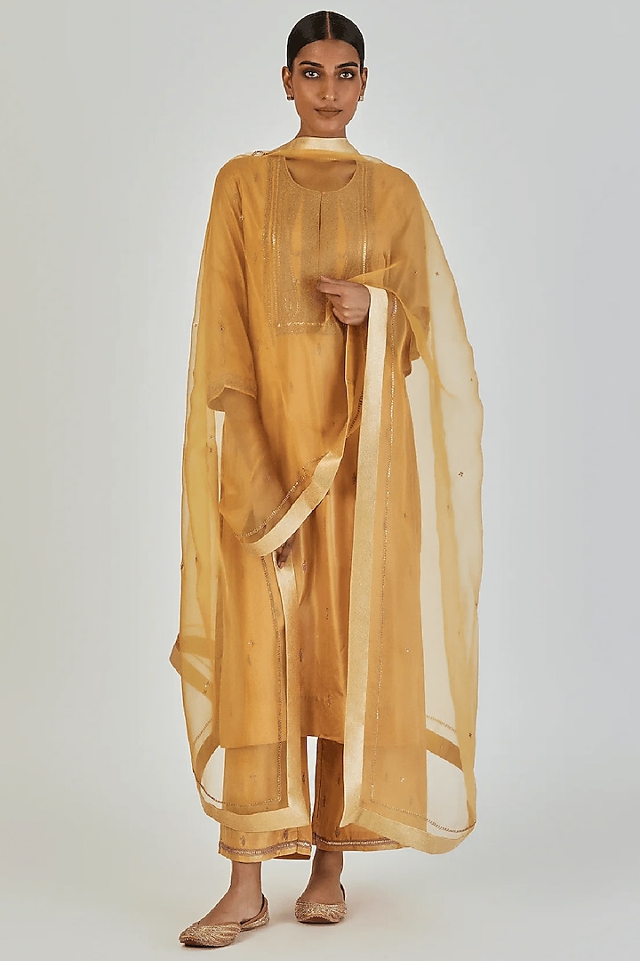 Gold-Yellow Sheer Organza Motif Embroidered Dupatta by Lajjoo C at Pernia's Pop Up Shop