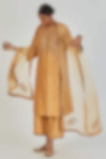 Gold-Yellow Sheer Organza Motif Embroidered Dupatta by Lajjoo C at Pernia's Pop Up Shop