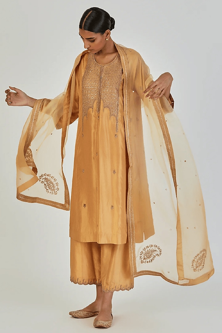 Gold-Yellow Sheer Organza Motif Embroidered Dupatta by Lajjoo C at Pernia's Pop Up Shop