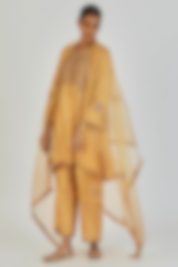 Gold-Yellow Sheer Organza Floral Motif Embroidered Dupatta by Lajjoo C at Pernia's Pop Up Shop