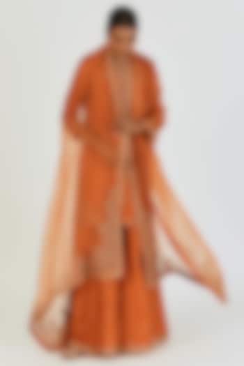 Rust Orange Sheer Organza Gold Embroidered Dupatta by Lajjoo C at Pernia's Pop Up Shop