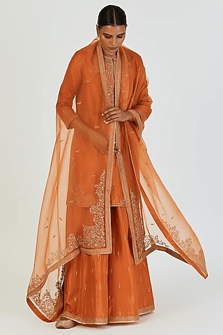 Rust Orange Sheer Organza Gold Embroidered Dupatta by Lajjoo C