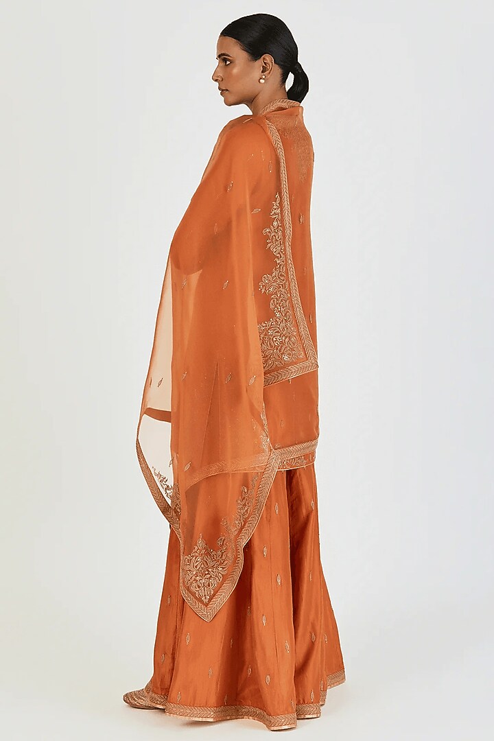 Rust Orange Sheer Organza Gold Embroidered Dupatta by Lajjoo C at Pernia's Pop Up Shop