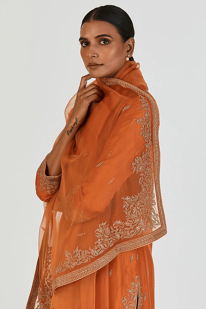 Rust Orange Sheer Organza Gold Embroidered Dupatta by Lajjoo C at Pernia's Pop Up Shop