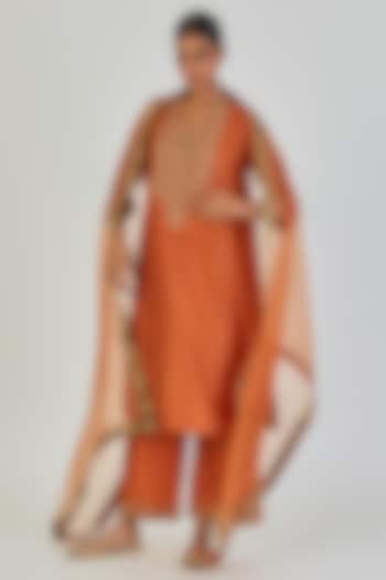 Rust Orange Sheer Organza Motif Embroidered Dupatta by Lajjoo C at Pernia's Pop Up Shop
