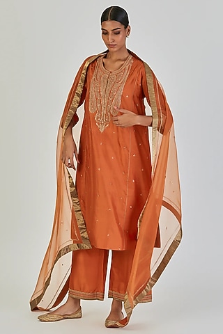 Rust Orange Sheer Organza Motif Embroidered Dupatta by Lajjoo C